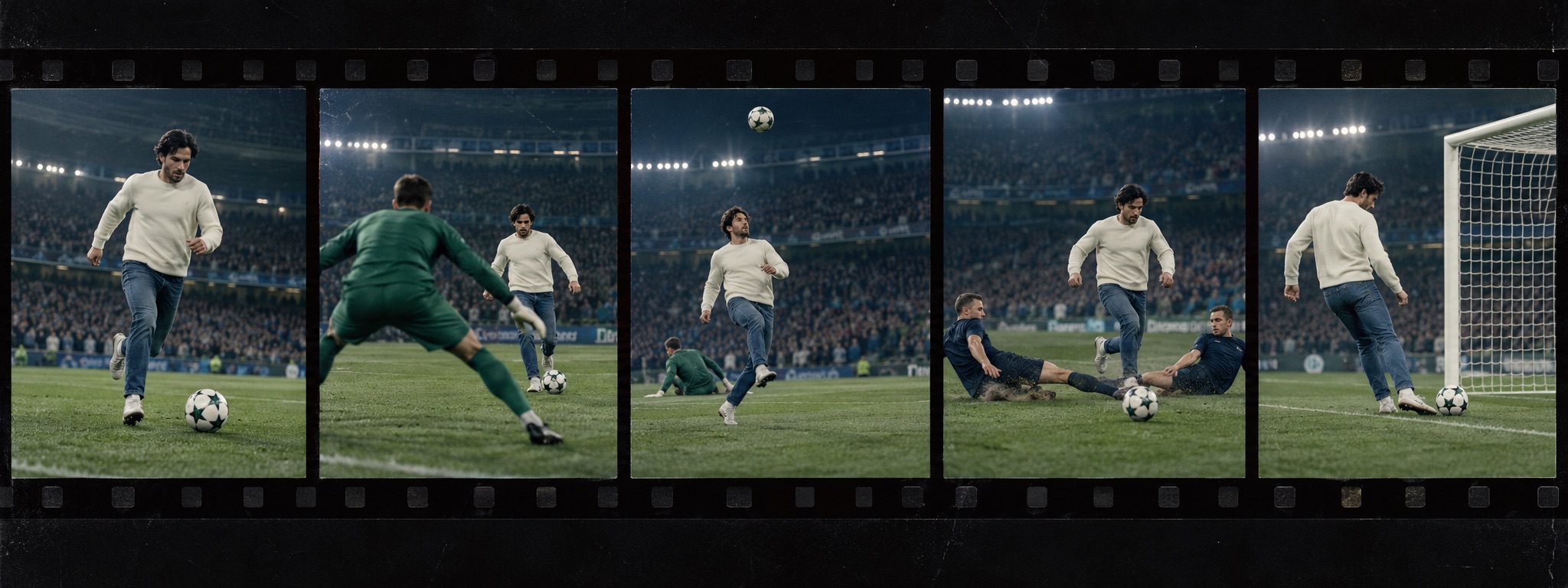 Illustration of one adult in everyday clothes shown clearly through consecutive football action frames