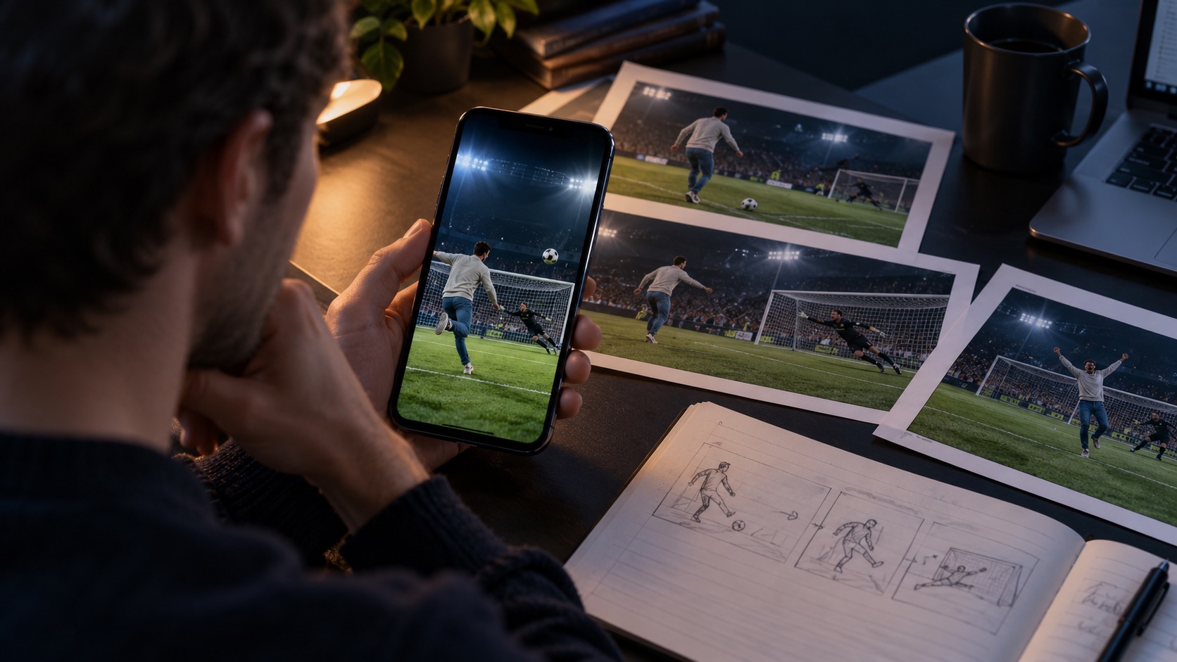 Illustration of a creator reviewing a vertical football edit with alternate takes arranged as a film strip